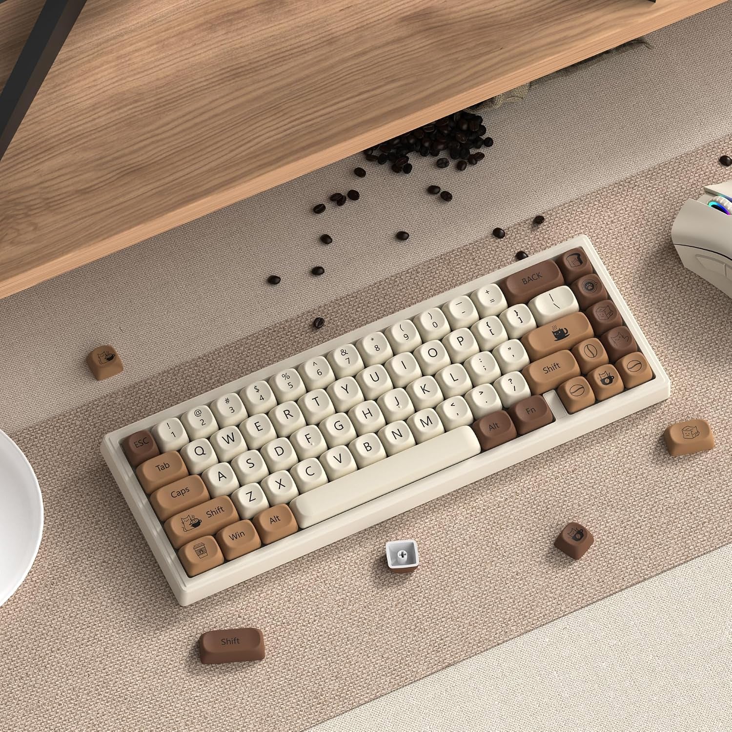 Cute Brown PBT Keycap Set,Coffee Cat MOA Profile Keycaps 60 75 100 Percent,Dye-Sub 134-Key Custom Keyboard Keycap for 100% 75% 65% 60% TKL US Layout Mechanical Keyboard