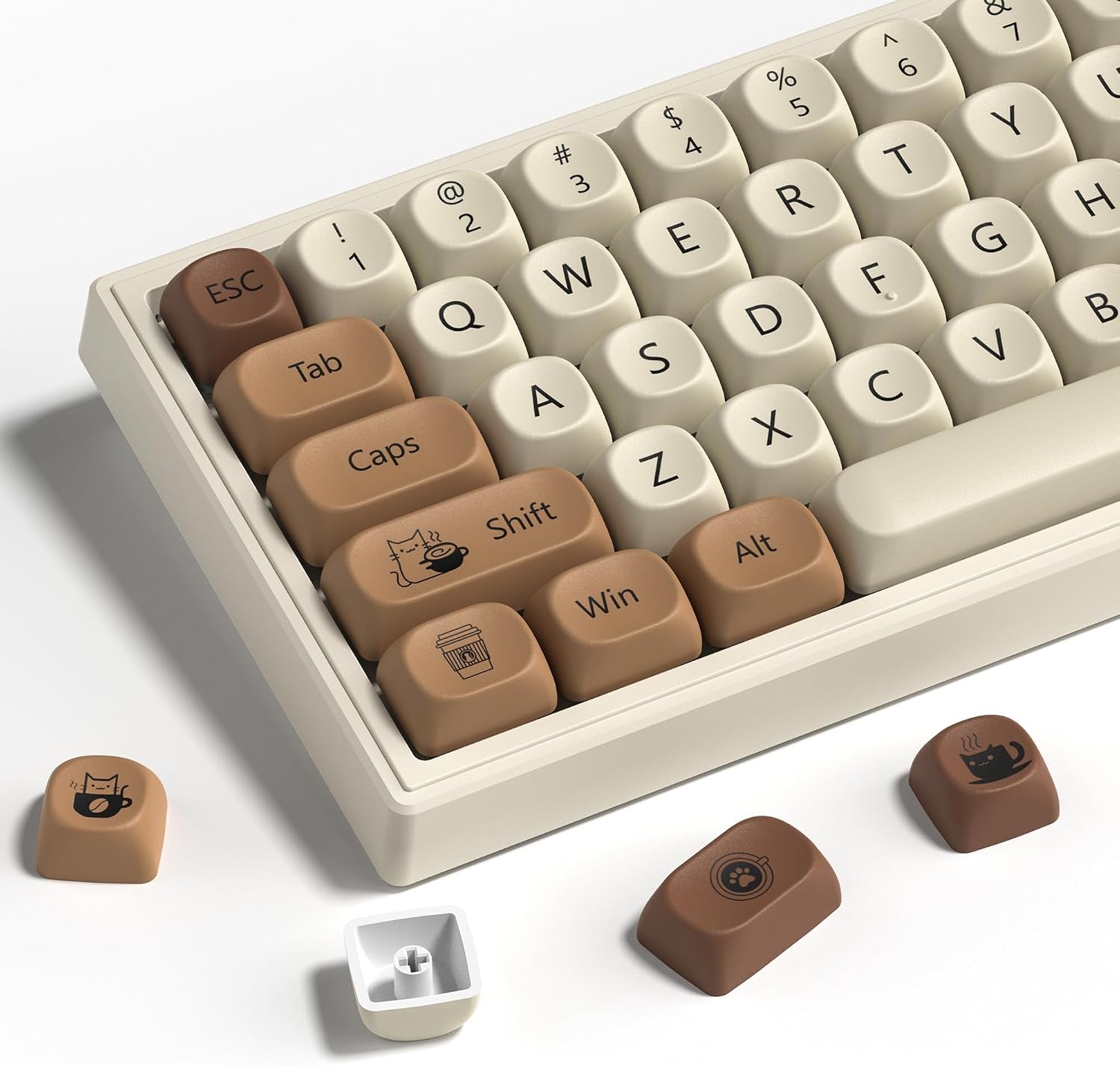Cute Brown PBT Keycap Set,Coffee Cat MOA Profile Keycaps 60 75 100 Percent,Dye-Sub 134-Key Custom Keyboard Keycap for 100% 75% 65% 60% TKL US Layout Mechanical Keyboard