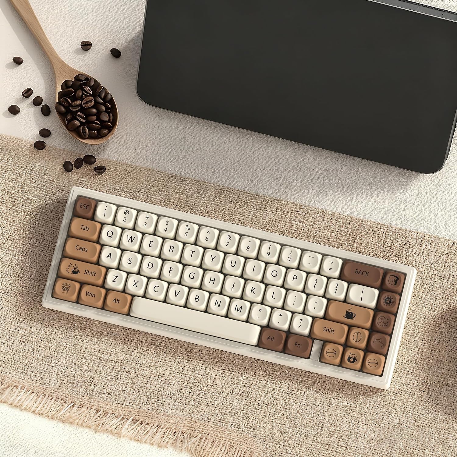 Cute Brown PBT Keycap Set,Coffee Cat MOA Profile Keycaps 60 75 100 Percent,Dye-Sub 134-Key Custom Keyboard Keycap for 100% 75% 65% 60% TKL US Layout Mechanical Keyboard