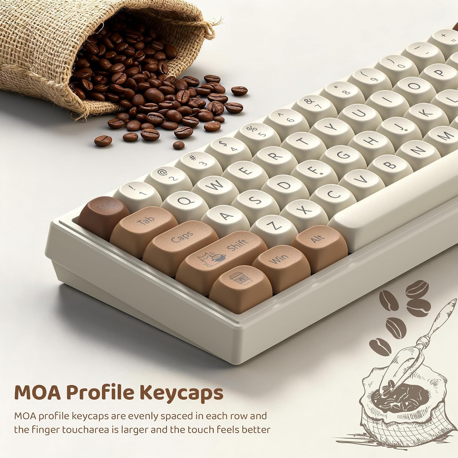 Cute Brown PBT Keycap Set,Coffee Cat MOA Profile Keycaps 60 75 100 Percent,Dye-Sub 134-Key Custom Keyboard Keycap for 100% 75% 65% 60% TKL US Layout Mechanical Keyboard
