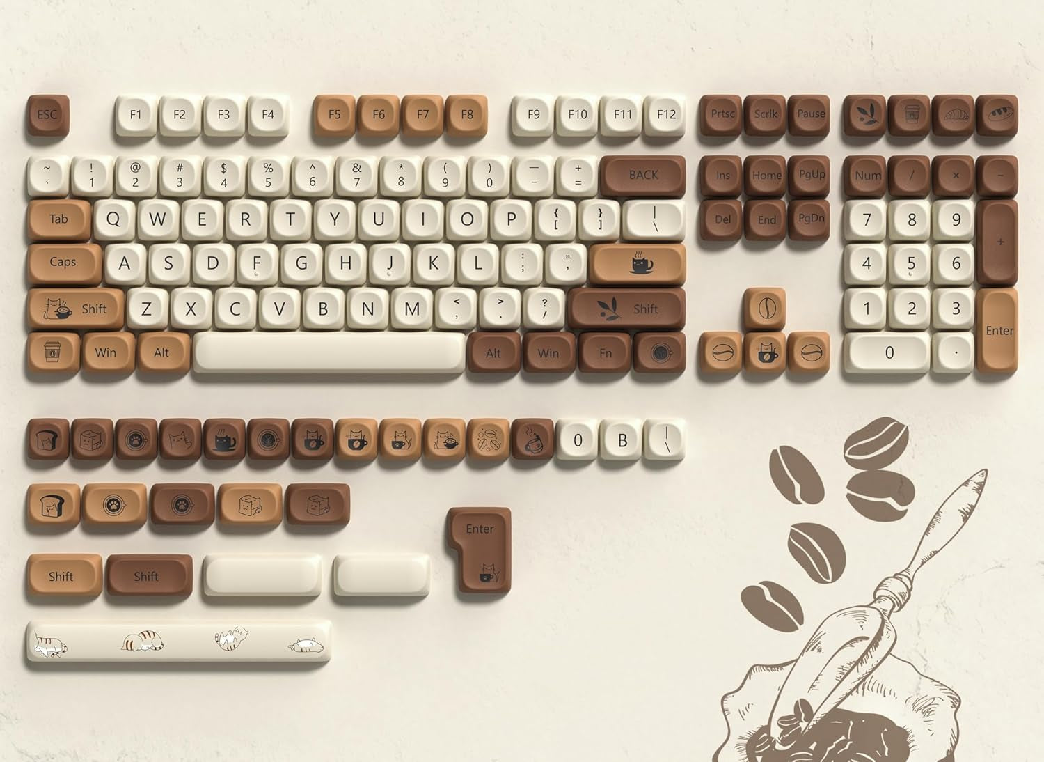 Cute Brown PBT Keycap Set,Coffee Cat MOA Profile Keycaps 60 75 100 Percent,Dye-Sub 134-Key Custom Keyboard Keycap for 100% 75% 65% 60% TKL US Layout Mechanical Keyboard