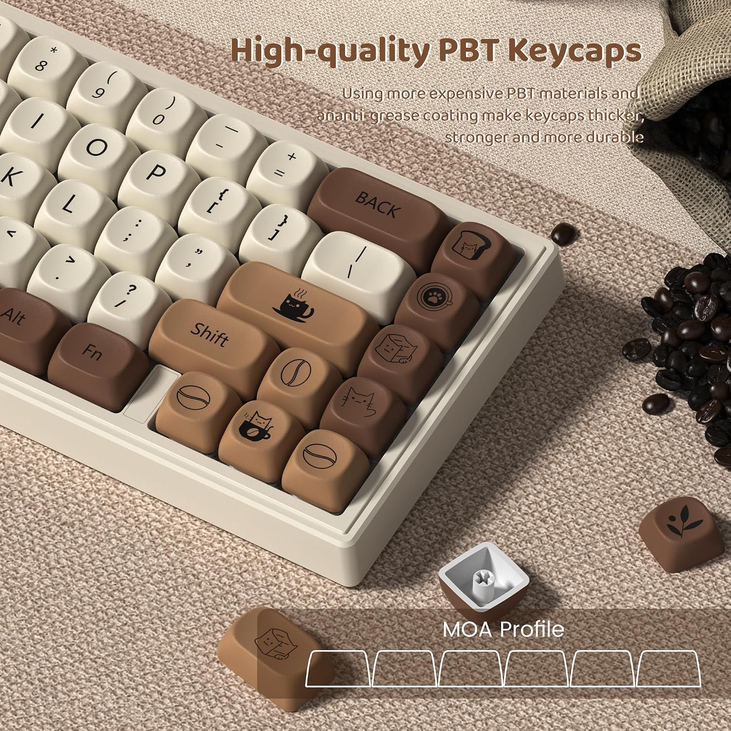 Cute Brown PBT Keycap Set,Coffee Cat MOA Profile Keycaps 60 75 100 Percent,Dye-Sub 134-Key Custom Keyboard Keycap for 100% 75% 65% 60% TKL US Layout Mechanical Keyboard