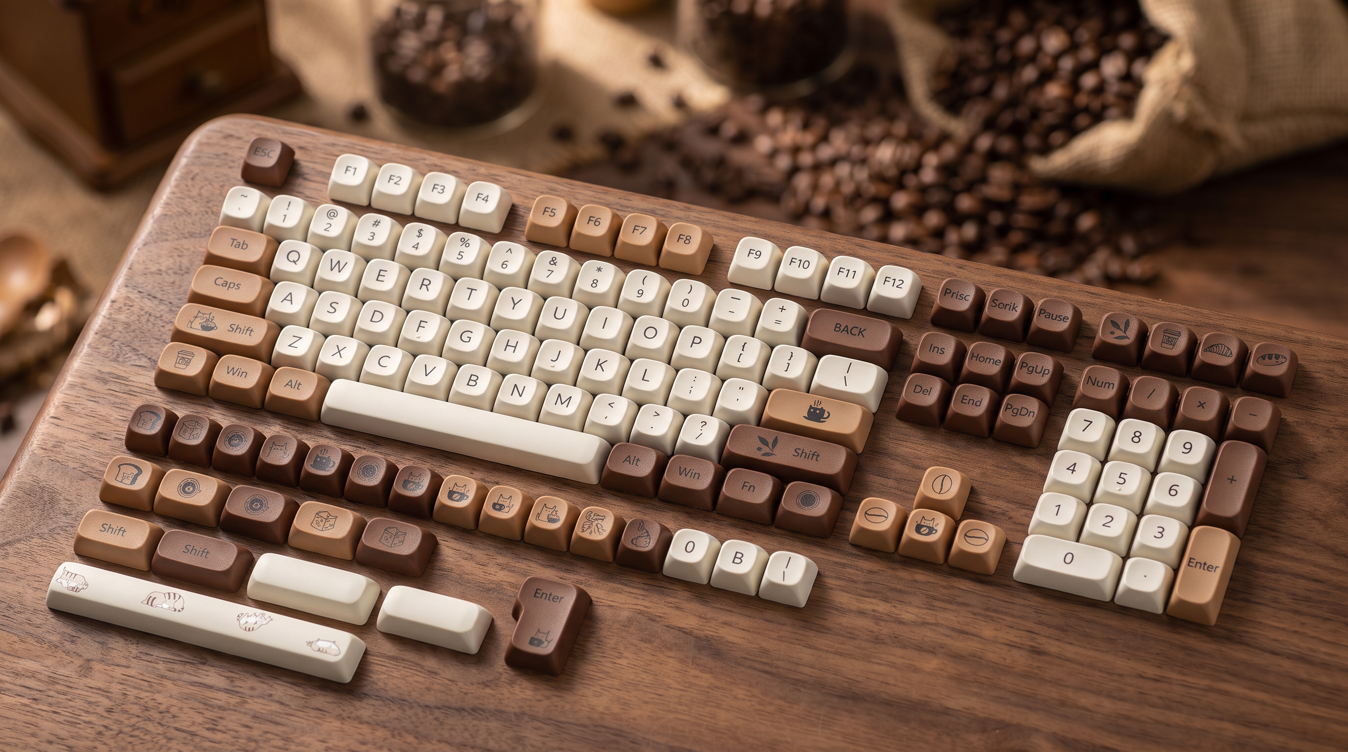 Coffee Cat Keycap Set — Brown PBT, MOA Profile, 134 Keys