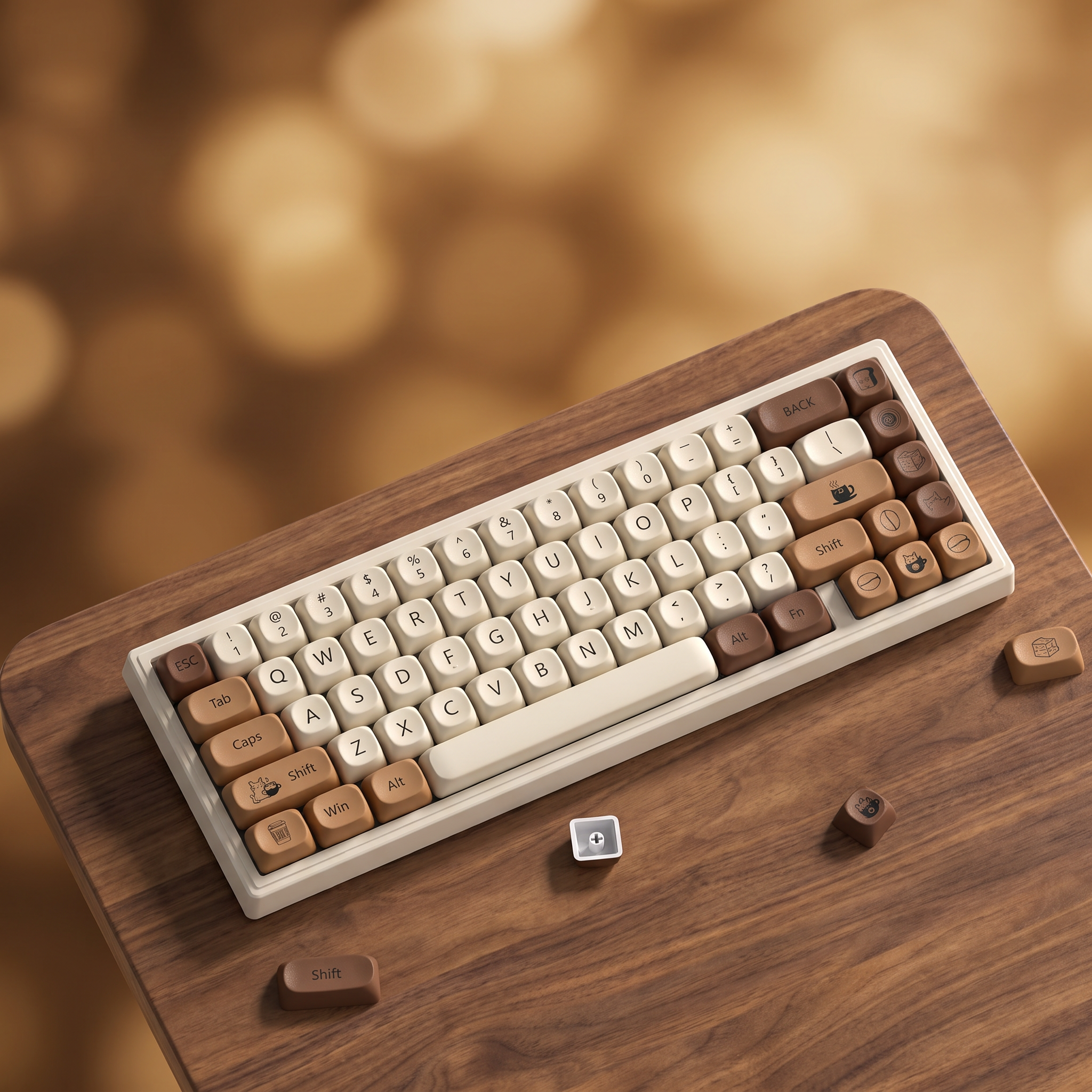 Coffee Cat Keycap Set — Brown PBT, MOA Profile, 134 Keys